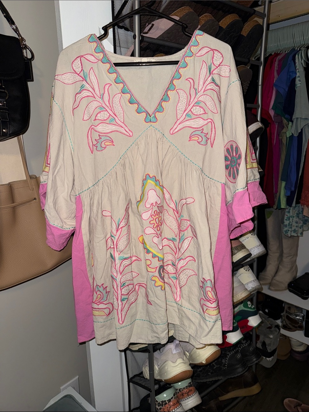 Embroidered V-Neck Long Sleeve Boho Dress in Cream and Pink